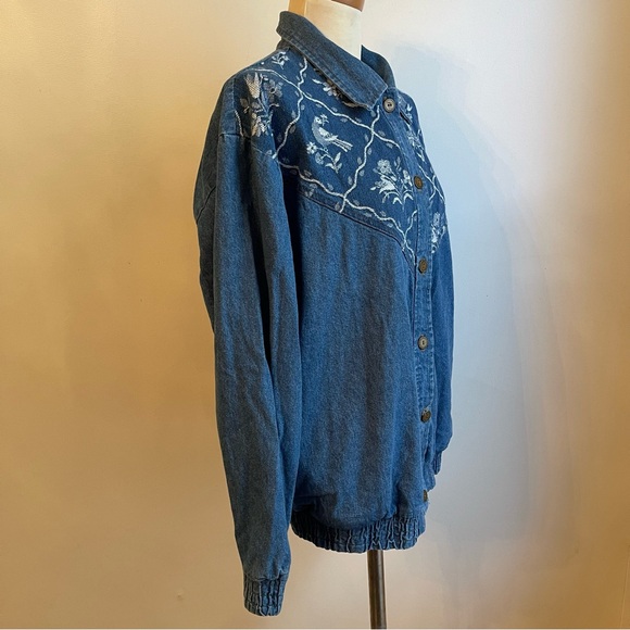 Vintage 90s Teddi Denim Jean Jacket w Embroidered Birds Elastic Size Large - Picture 5 of 10